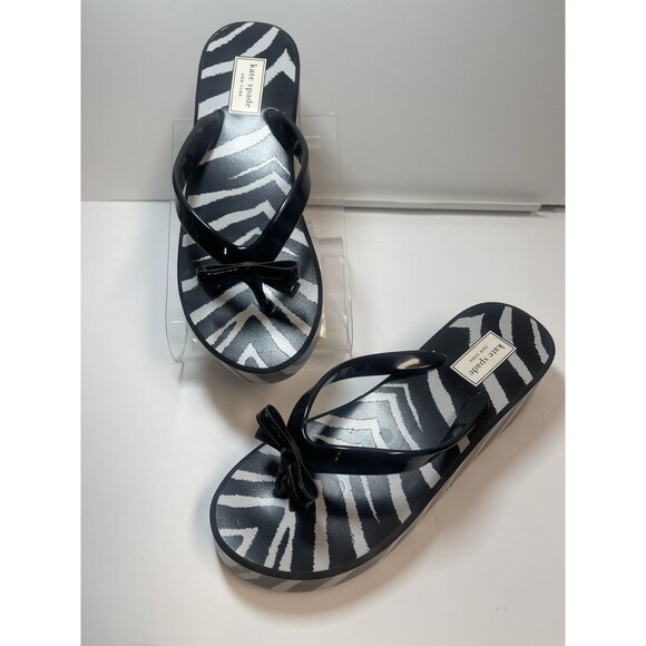 Kate Spade New York Rina Wedge Thong Sandals In Blac White Zebra Sz 7 New - Picture 1 of 9